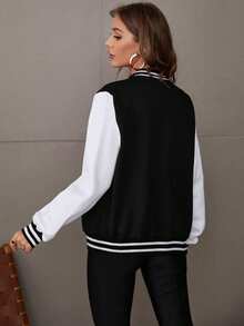 1件少女休闲时尚撞色拼接宽松飞行员夹克，百搭，秋冬季