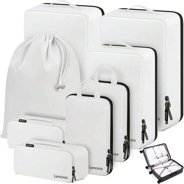 Lumesner Compression Packing Cubes, 8 Set Travel Packing Cubes For Carry On Suitcases, Compression Suitcase Organizers Bag Set & Travel Cubes (8pc - White)