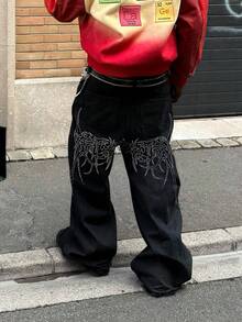 时尚街头风复古嘻哈刺绣宽松直筒男士牛仔裤 - 黑色 - 查看 3