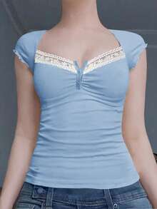 Y2K Preppy Style Women's Summer Casual Lace Patchwork Crew Neck Short Sleeve Knit T-Shirt - Blue - View 5