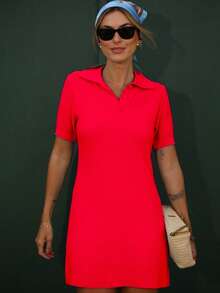 Women's Midi Dress, Short Polo Collar, Modal Knit, Short Sleeves, V-Neck, Buttons, Summer , Light Colors, Candy Colors, Pastel Shades, Christmas, New Year's, Parties - 紅色 - 查看 2