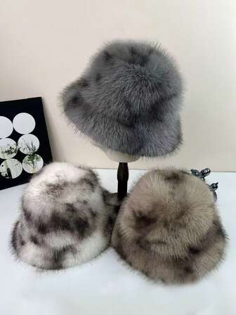 1 pieza Nuevo sombrero de cubo de piel sintética con efecto tie-dye, sombrero de invierno de moda para mujer, sombrero esponjoso a prueba de viento y frío, adecuado para usar a diario en invierno