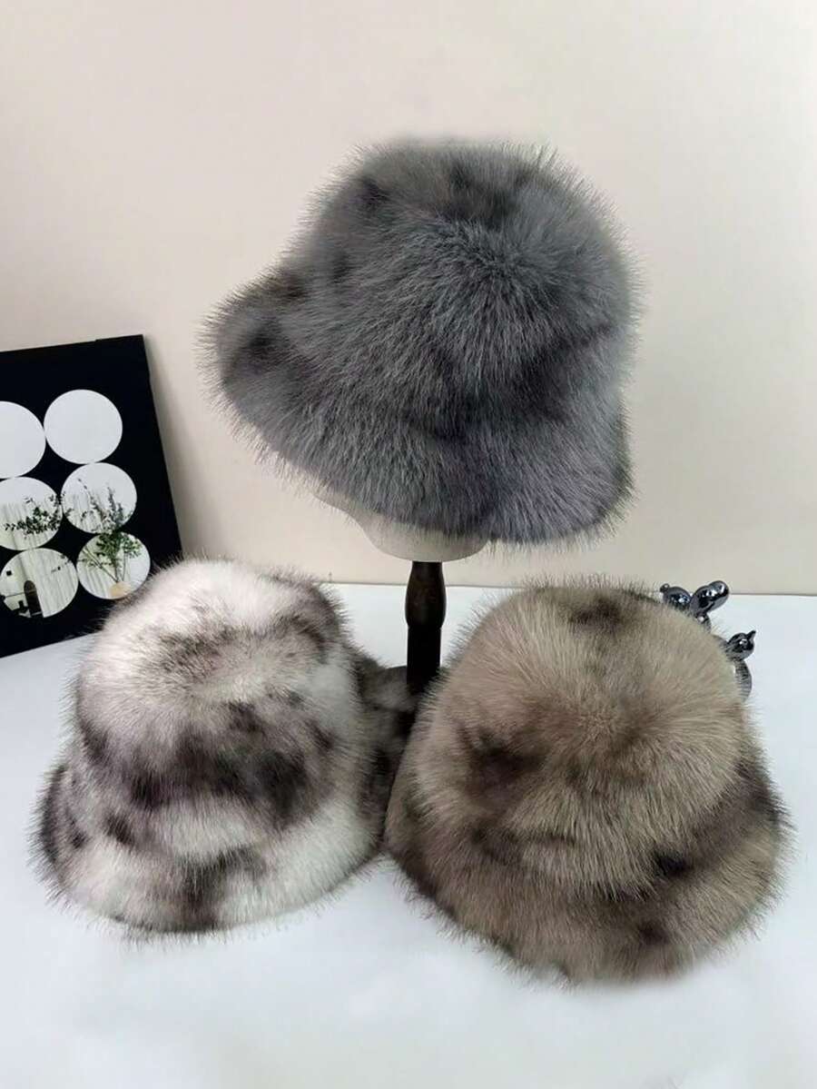 1pc新款扎染人造毛皮斗笠，女士冬季时尚保暖帽，蓬松防风防寒帽，适合日常佩戴冬季装备 - A - 查看 1