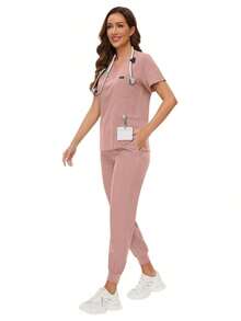 Surgical Uniforms Woman Scrub Set Nurse Beauty Salon Workwear Clinical Scrubs Top Pants Sets Spa Doctor Nursing Clinical Suit - Hồng - Xem 7