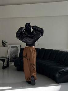 Women's Autumn/Winter Random Heart Print Drawstring Waist Sports Pants, Y2K Style Wide Leg Sweatpants, Suitable For Daily Wear, Commuting And Workout - Brown - View 2