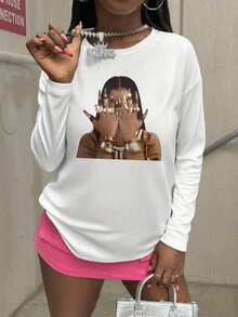 1pc Tween Girls Casual Cool Graphic Print Crew Neck Long Sleeve T-Shirt, Loose & Comfortable, Autumn Student Youth Clothing - White - View 6