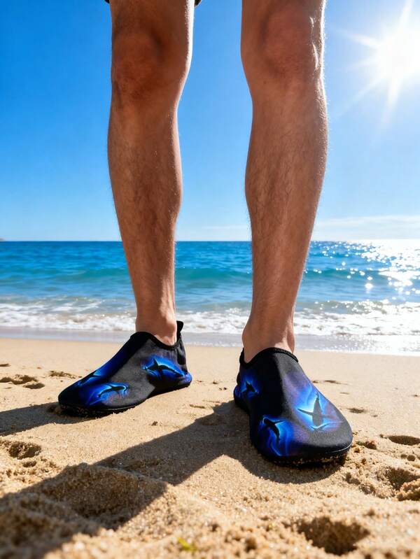 Men's Quick-drying Breathable Black Printed Water Shoes & Simple Fashionable Outdoor Anti-slip Surf Beach Shoes
