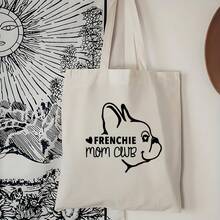 French Bulldog & French Mom Club Letter Print Tote Bag - Large Capacity Beige French Bulldog Design, Durable Women'S Handbag Travel, Shopping, French Bulldog Lovers (Washable) - Birthday//Valentine'S Day Present, French Bulldog Themed Tote With Sturdy Black Letters And French Bulldog Face, Suitable Holidays And Everyday Use, Material, Shopping Bag, Tote Bag Women, Foldable Shopping Bag, Grocery Bag - FF837 - 查看 1