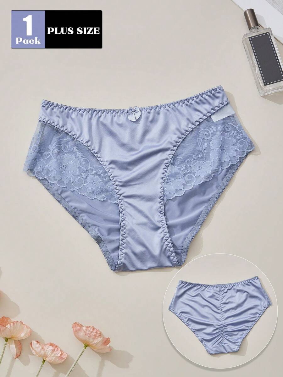 1件大尺碼女款亮面布料優雅蕾絲飾邊蝴蝶結裝飾三角內褲，適合四季穿著 - 霧霾藍 - 查看 1