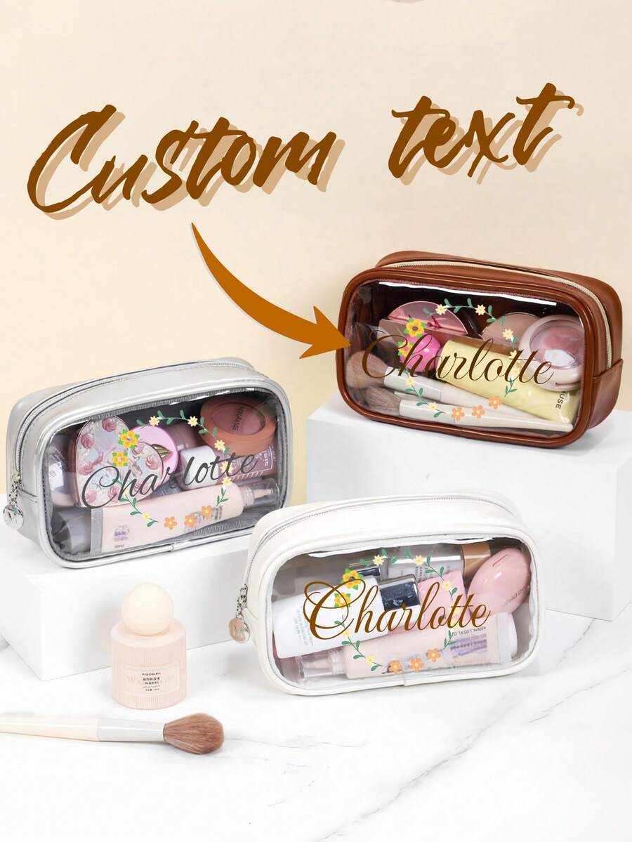 حقيبة مستحضرات تجميل جلدية شبه شفافة مخصصة - حقيبة أدوات تجميل محمولة باليد، عالية الجودة والمتانة، سعة كبيرة، تصميم بصري واضح، طباعة شعار مخصص، هدية رائعة لعشاق السفر