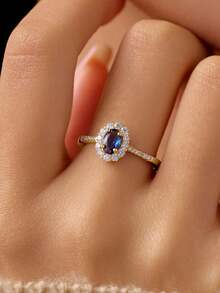 1pc Sterling S925 Silver Luxury Elegant Fashion Charming Sparking Geometric Oval Blue Zirconia Finger Ring For Women Lover Party Wedding Engagement Statement Jewelry Gift - Gold - View 4