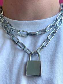 1pc Fashionable Metal Lock Chain Necklace, Unisex Hip Hop Style Metal Silver Pendant Necklace Suitable For Parties, Gatherings, Street Activities