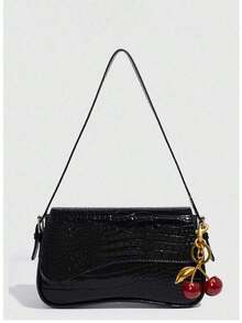 1pc Women Faux Leather Shoulder Bag, Black Crocodile Pattern Square Bag, Versatile Patent Leather Purse, Y2K Crossbody/Underarm Bag, Fashionable Sling Bag, With Cherry Pendant Charm - màu đen - Xem 6
