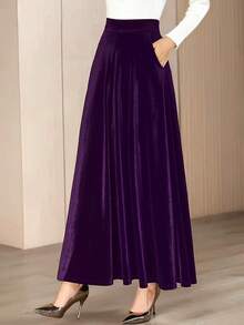 Women's Elegant Velvet Fabric A-Line Skirt, Autumn/Winter - Purple - View 5