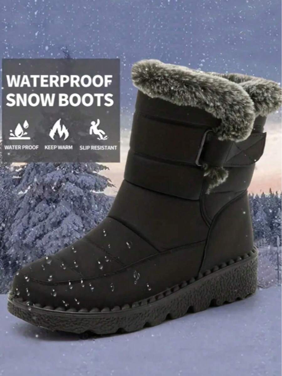 Women's Outdoor Snow Boots, Thermal Lined Thick Mid-Calf Boots, Round Toe Flat Heel, Waterproof Anti-Slip High-Top Boots, Warm Winter Boots For Middle-Aged Women, Size 36-45 - 純黑色 - 查看 1