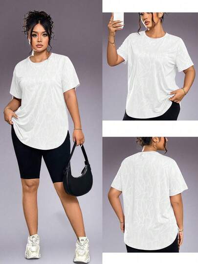 1 pieza Camiseta deportiva casual de talla grande para mujer, cuello redondo con bajo curvo, verano