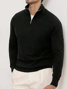 Men's Solid Color Front Half Zipper Long Sleeve Casual Sweater, Old Money Style, Fall/Winter - Navy Blue - View 8