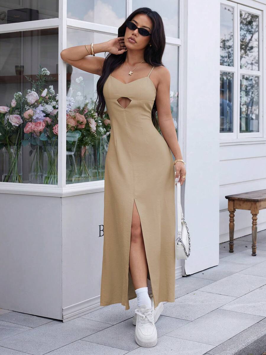 REF:AS1826 - Long Dress With Thin Straps And Front Slit: Elegance And Sensuality In The Same Look - 米色 - 查看 1