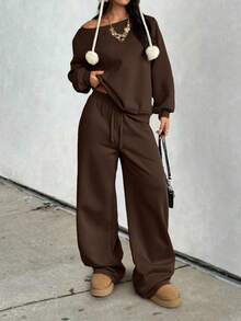 GLOpass Casual Solid Color Off-Shoulder Loose Sweatshirt And Pants Two Pieces Set For Women, Versatile For Daily Wear, Autumn/Winter