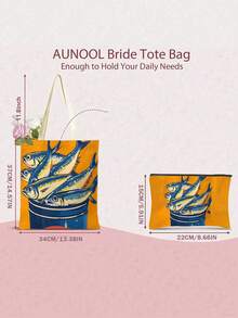 1件装女士可重复使用手提袋、手提包和化妆包套装 - 彩色简约粉绿条纹沙丁鱼罐头印花涤纶购物袋，固定肩带设计，适合海滩、野餐、购物和食品储存，可折叠手提袋，多功能