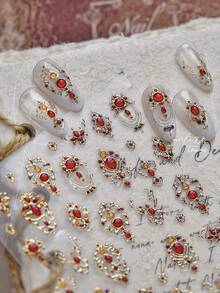 1 Peça Adesivo de Arte de Unhas Metálico de Pedra Preciosa Marrom Quente, Decalque de Unhas com Textura Metálica de Pedra Preciosa Estilo Palácio Vintage 3D em Relevo, Decoração de Unhas Autoadesiva e Reutilizável, Acessório de Unhas Elegante, Presente para Mulheres - Dourado - Visão 9