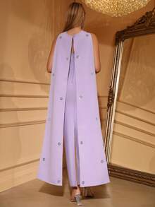 Love Aing Women's Purple Heavily Embellished Rhinestone Shawl Cloak, Elegant Long Formal Gown For Red Carpet, Banquet, Wedding Guest, Birthday Party, Luxury Evening Dress - Mauve Purple - View 3