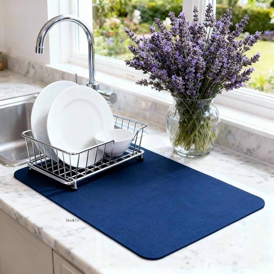 Dish Drying Mat Super Absorbent – 16" X 12" Coffee Mat For Countertops – Non-Slip Drying Mat For Kitchen Counter – Easy To Clean Water Absorbent Mat – Quick Dry Dish Drying Mats (Black) - 藍色 - 查看 1