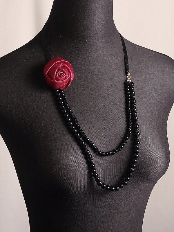 1pc Elegant Rose Flower & Faux Pearl Multilayer Tie Necklace, Suitable For Women Everyday, Party, Nightclub Wear, Autumn/Winter