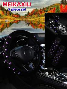 MEIKAXIU Bling Bling Bowknot Foil Decor Car Accessories Set, Including Steering Wheel Cover, Handbrake Cover, Gear Shift Cover, Shoulder Pad, Armrest Pad, Headrest Pad, Cup Holder Mat, Suitable For Women - Gold-stamped Small Bow - View 50