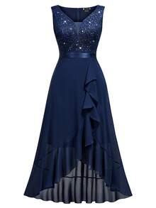 MIUSOL Elegant Women's Sleeveless Deep V-Neck Contrast Sequin Lace Navy Blue Maxi Dress, Bodice A-Line Chiffon Gown With Ruffle High-Low Hem, For Wedding Guest, Prom, Formal Evening Party - 藏蓝色 - 查看 7
