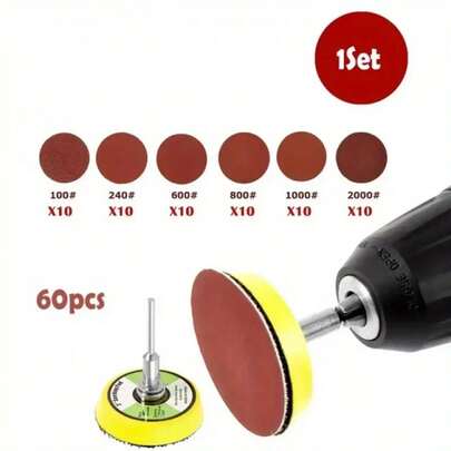 60pcs/Set 2 Inch Drill Sander Attachment With Backer Plate 2 Shank Sanding Discs Pad Kit Includes-2000 Grit Sandpapers