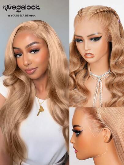 MEGALOOK 奶茶棕色水波纹假发升级版 13x6 三合一™ 无胶抽绳假发 - 100% 真人发浅棕色预剪蕾丝假发无需胶水预先拔毛自然发际线透明蕾丝前假发