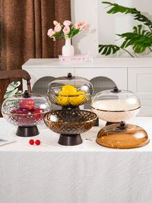 1pc Plastic PET Material Drainage High Foot Tray With Dust Cover, Unbreakable, Reusable Fruit/Dessert/Snack/Cake Serving Tray, Suitable For Various Festivals, Weddings, Parties And Events - Round-wood Grain High Legs - View 6