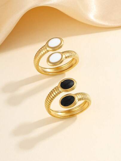 2pcs Stainless Steel Minimalist Golden Open Ring Set, Suitable For Women's Daily Wear Or Gift