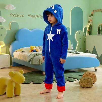 Pijama Entero Niño Fleece Azul Capucha Estrella Blanca, Pijama Invierno Navidad Halloween Disfraz, Ropa Casa Abrigada Regalo (3-12 Años)