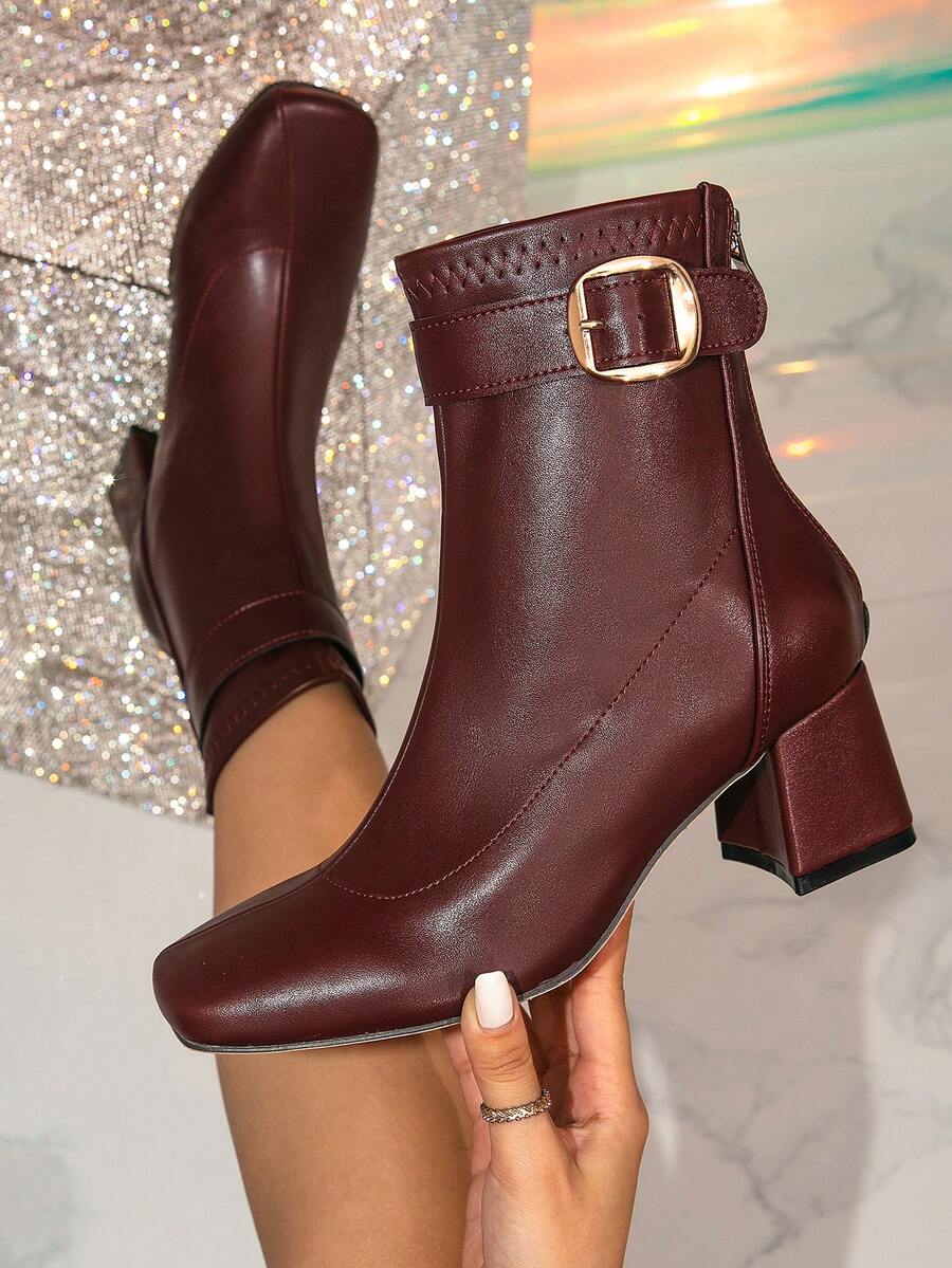 بوت نسائية ذات كعب عالي وأصبع مربع للكاحل متوسط الطول في فصل الخريف/الشتاء، بوت كاحل قصيرة بريطانية فرنسية، بوت كاحل ذات كعب سميك بسيطة وعملية، كعب بلون أحمر داكن - عنابي اللون - مشاهدة 1