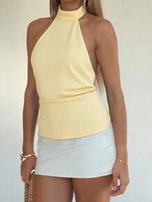 1 Áo cổ yếm xoắn sau lưng bằng vải dệt kim màu trơn, thích hợp mặc đi biển, đi học lại, tiệc tùng, sinh nhật, mọi mùa - Màu vàng - Xem 3