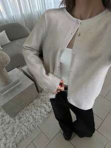 Áo len cardigan ngắn tay cài nút cho nữ Áo len dệt kim gân Y2K Áo khoác ngoài cho bé gái Áo phông - Màu Xám nhạt - Xem 1