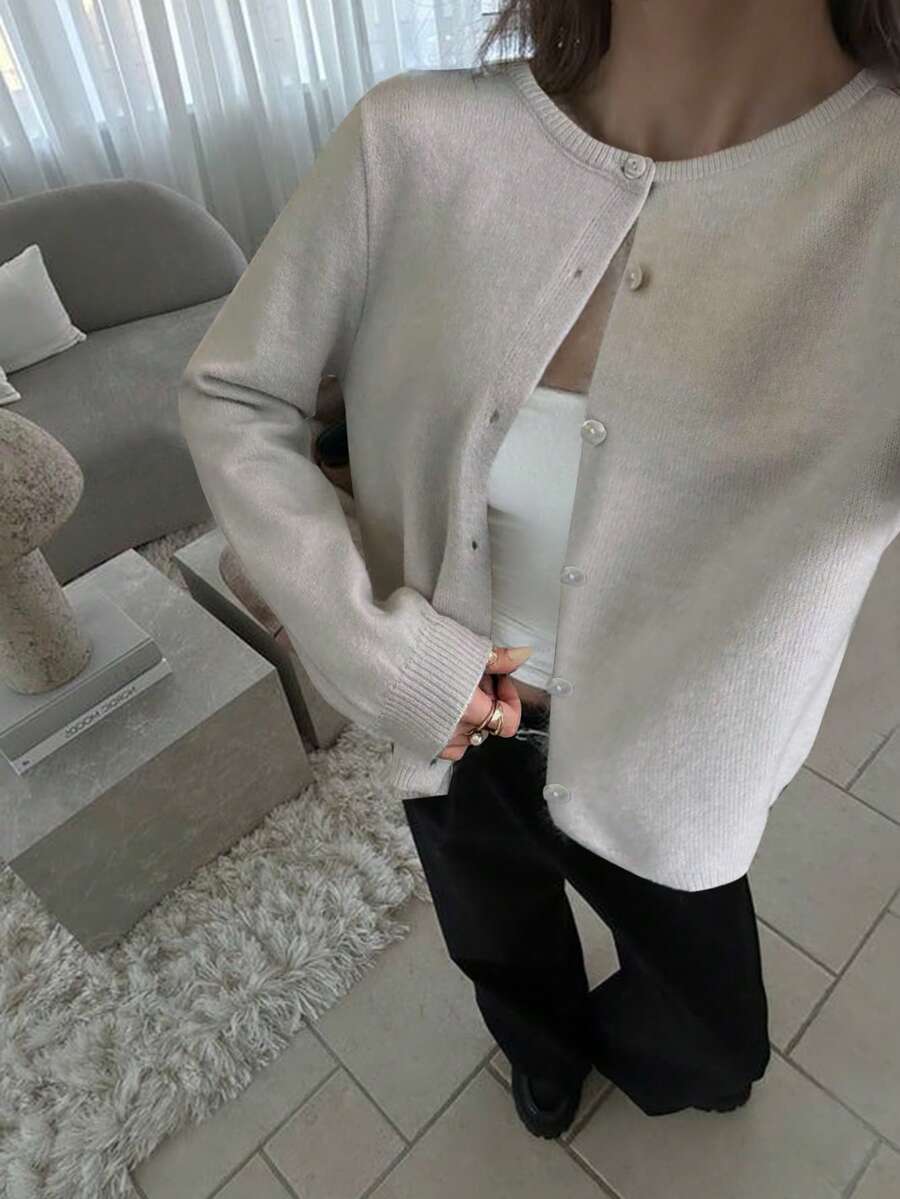 Áo len cardigan ngắn tay cài nút cho nữ Áo len dệt kim gân Y2K Áo khoác ngoài cho bé gái Áo phông - Màu Xám nhạt - Xem 1