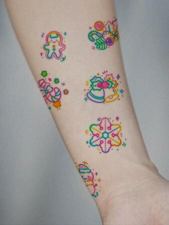 Santa Claus Themed Gingerbread Man Candy Christmas Bells Fashionable Temporary Tattoo Stickers Decorative Stickers Waterproof, Sweatproof, And