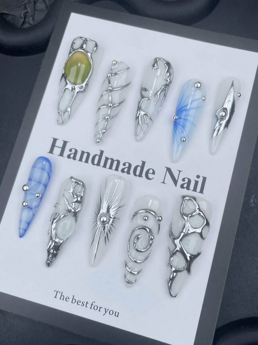 10pcs Chrome Plated Nail Art Set, Christmas Nail Art, Cute White Long Stiletto Acrylic Press-On Nails With 3D Swirl Line Art Cat Eye Gothic Punk Y2K Fake Nails, Striped Nail Art Design For Winter, Suitable As Wedding Gift For Women And Girls