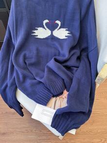 大码-女士秋冬新款套头天鹅图案毛衣，天鹅图案针织套头衫，凸显美丽曲线，纯色海军蓝毛衣，适合居家度假休闲场合，办公室风格，四季皆宜。圣诞礼物，生日礼物 - 藏蓝色 - 查看 4
