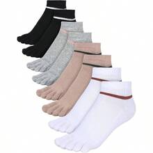4 Pair Women Toe Socks Striped Cotton Crew Socks With Toes Separated Women Men Athletic Running - Black, White, Grey, Khaki - View 2