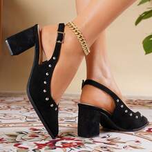 New Vintage Pointed Toe Rivet Decor Chunky Heel Sandals, Strap Versatile Slip-On Flats For Office Wear - Black - View 10