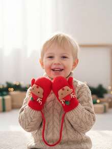 زوج من قفازات الأطفال ذات رأس الغزال الكرتوني لعيد الميلاد، قفازات بلا أصابع دافئة مع وشاح، للخريف/الشتاء - 1Pair - مشاهدة 3