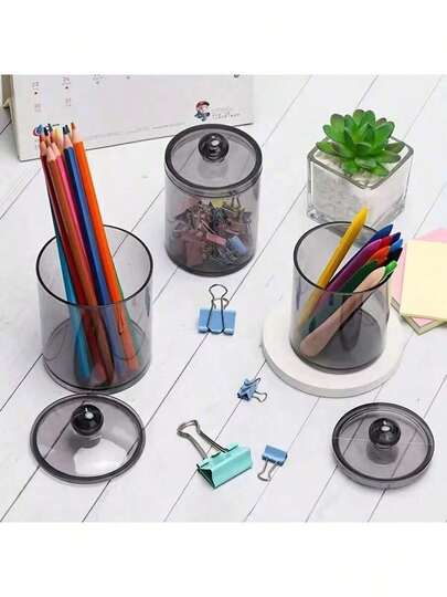 1 lọ đựng đồ bằng nhựa đen trong suốt bóng bẩy có nắp vặn - Hộp đựng đồ trang điểm, trang sức, tăm xỉa răng chống bụi và nhẹ - Lý tưởng để trưng bày trên mặt bàn phòng tắm, tủ đựng đồ và đồ lưu trữ trong phòng tắm