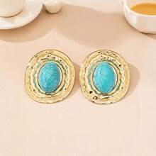Chunky Gold Turquoise Statement Earrings Women,Vintage Big Oval Dangle Drop Earrings,Boho Exaggerated Western Jewelry Accessories - màu ngọc lam - Xem 4