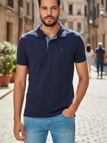 Ogochi Men's Basic Plain Polo Shirt With Logo, No Pocket, Original - Navy Blue - View 5
