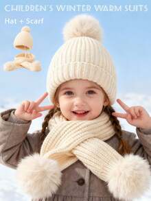 1 Set Kids Solid Color Thickened Knit Beanie Hat And Scarf, Unisex Autumn/Winter - Pom-pom Scarf + Solid Color Beanie - View 12
