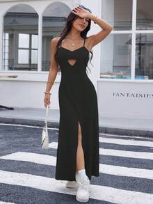 REF:AS1826 - Long Dress With Thin Straps And Front Slit: Elegance And Sensuality In The Same Look - Black - View 6